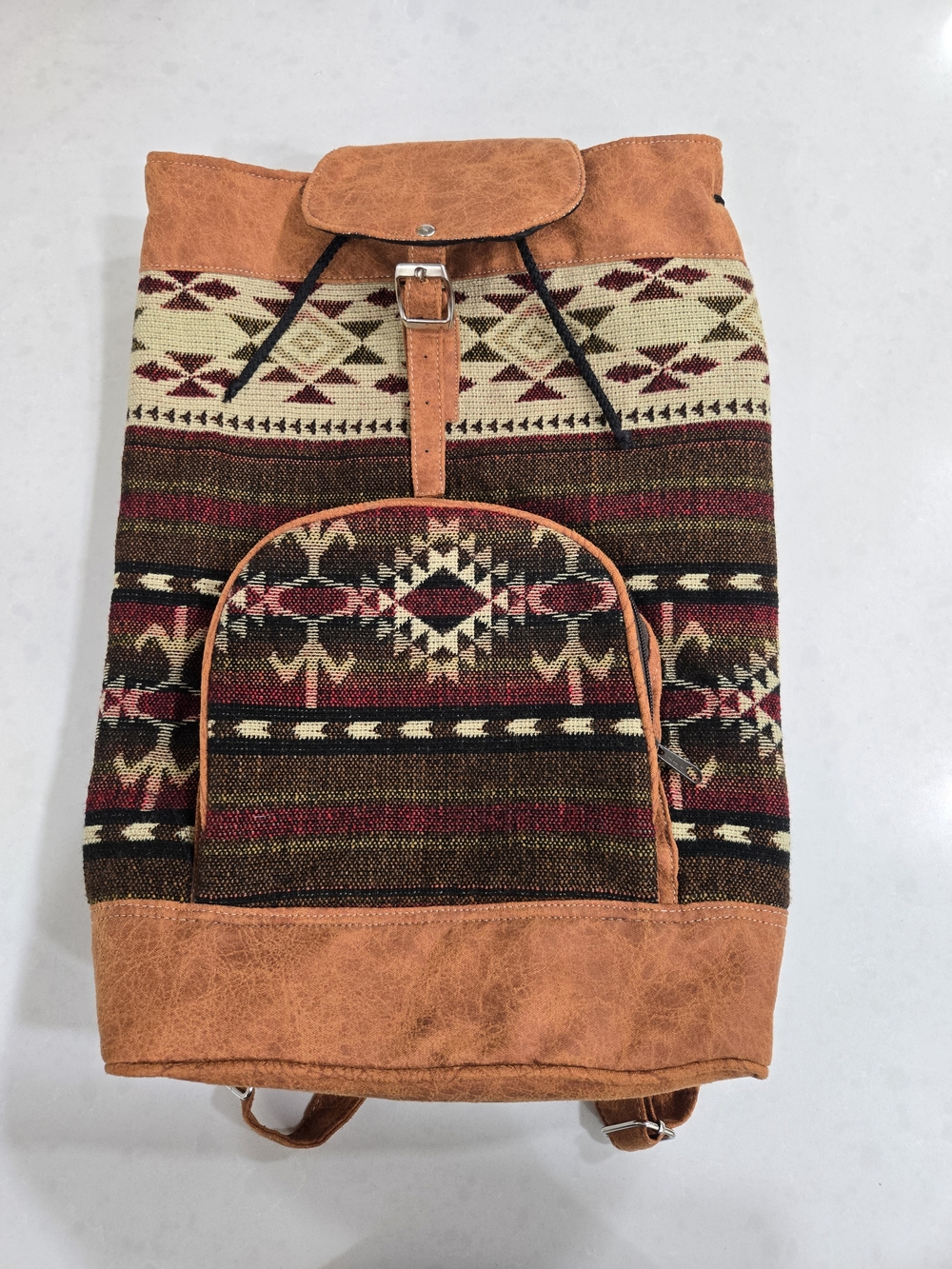 Boho Tribal Canvas Backpack with Tan Suede Trim